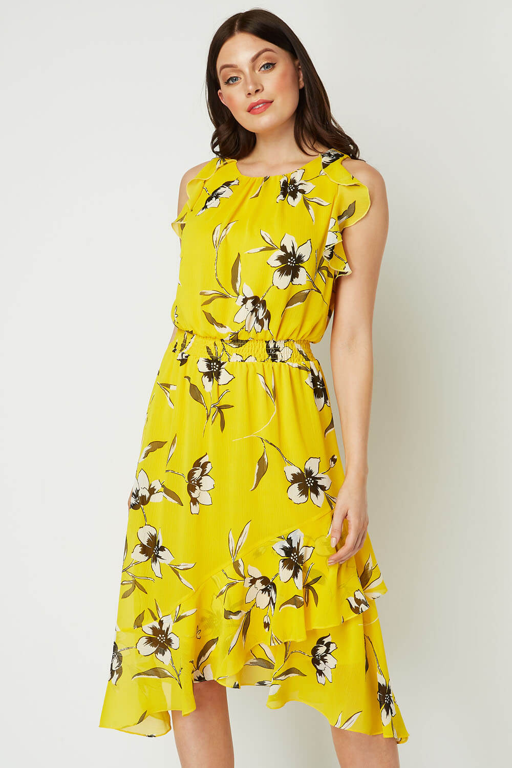 Floral Ruffle Midi Dress In Yellow Roman Originals UK