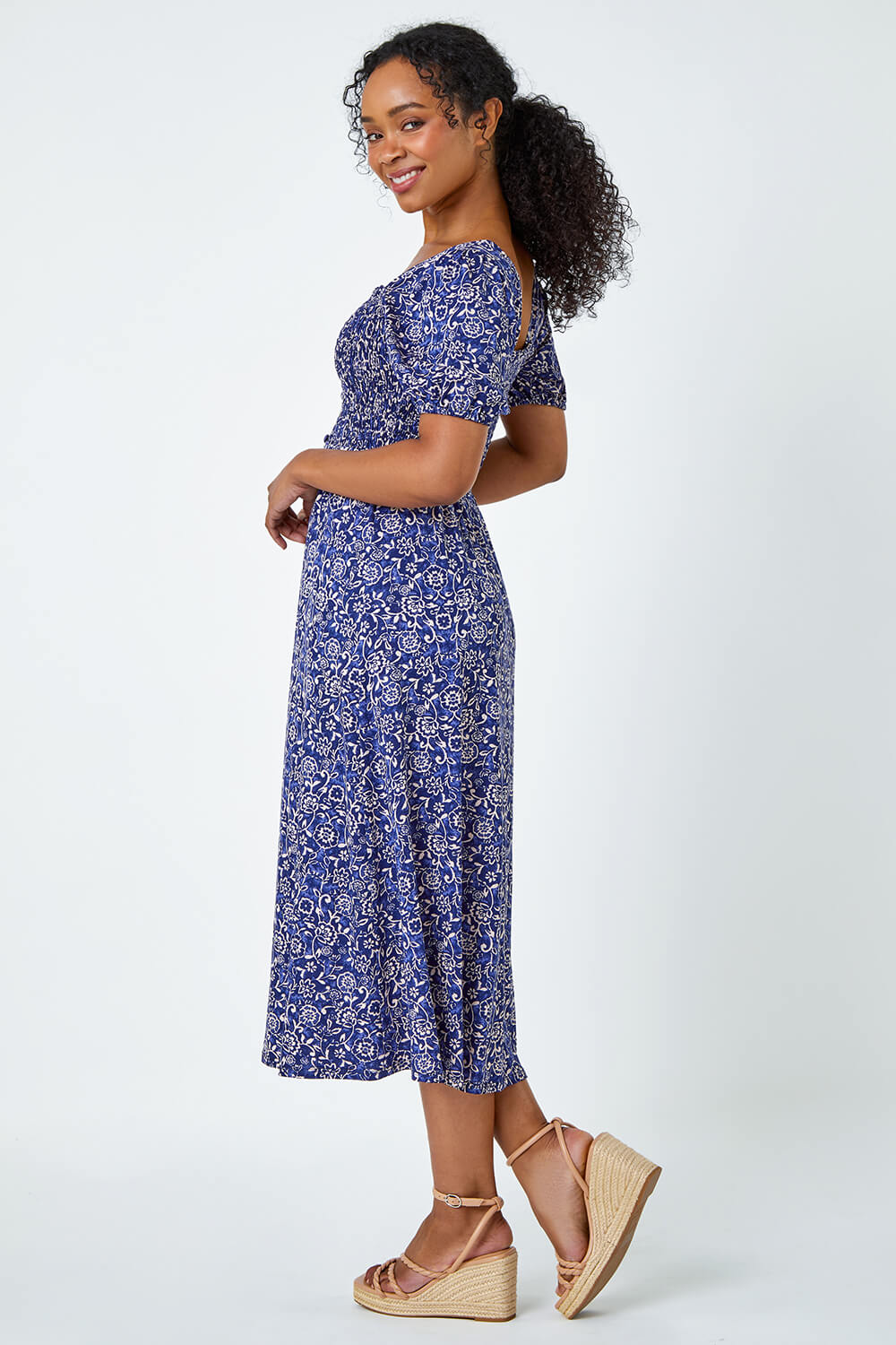 Navy  Petite Shirred Stretch Floral Dress, Image 3 of 5