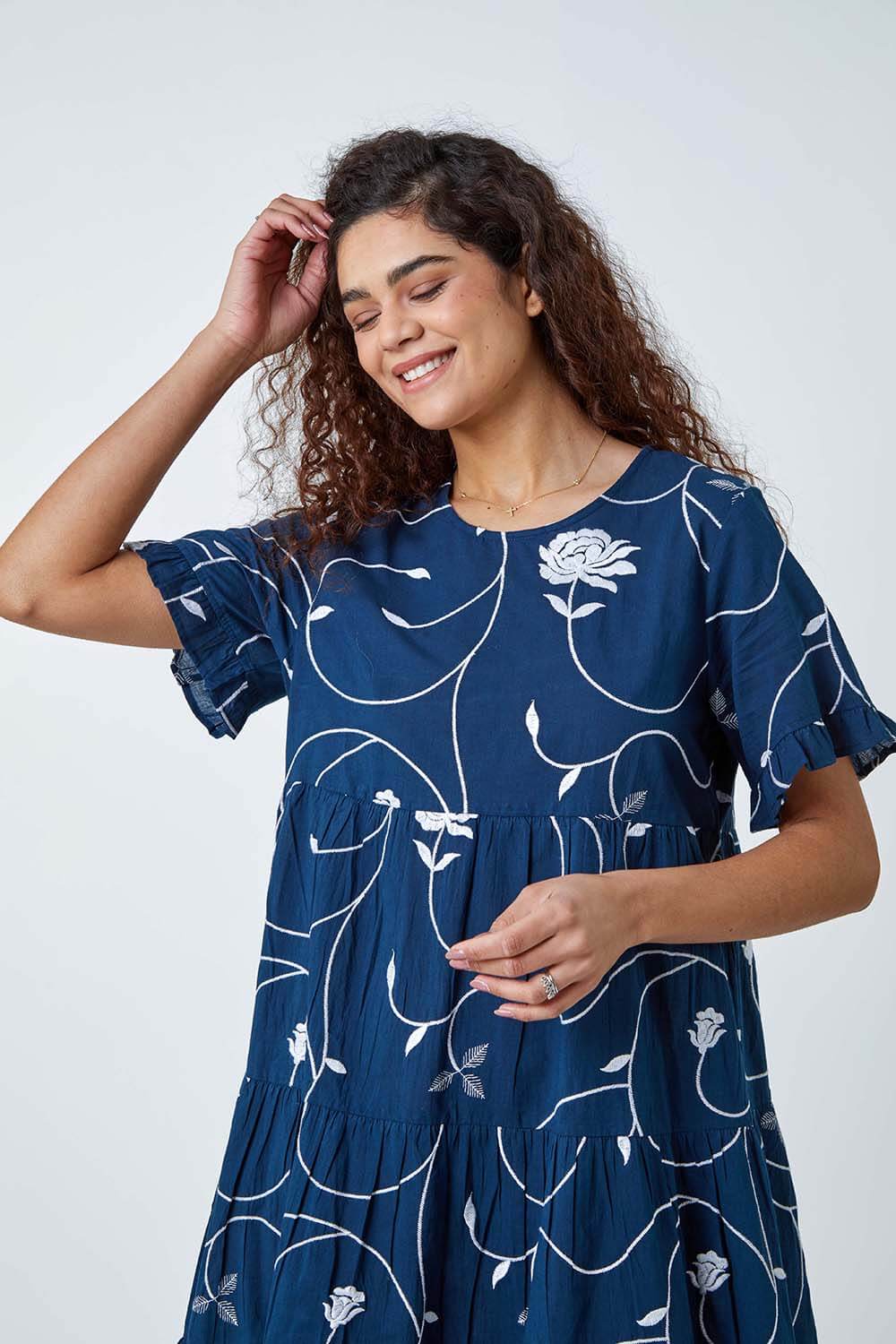 Navy  Cotton Embroidered Tiered Smock Dress, Image 4 of 5