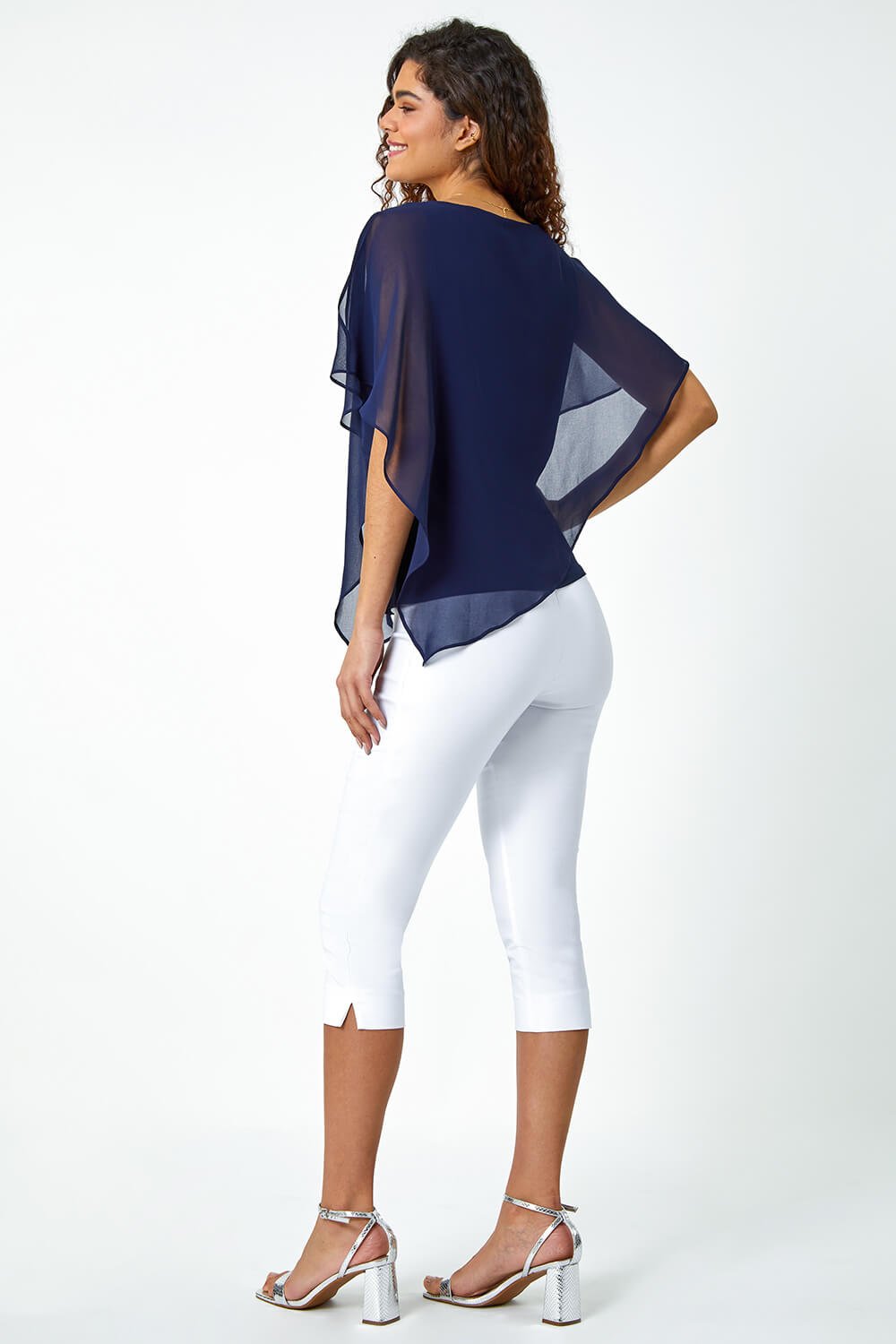 Navy  Asymmetric Cold Shoulder Stretch Top, Image 3 of 5