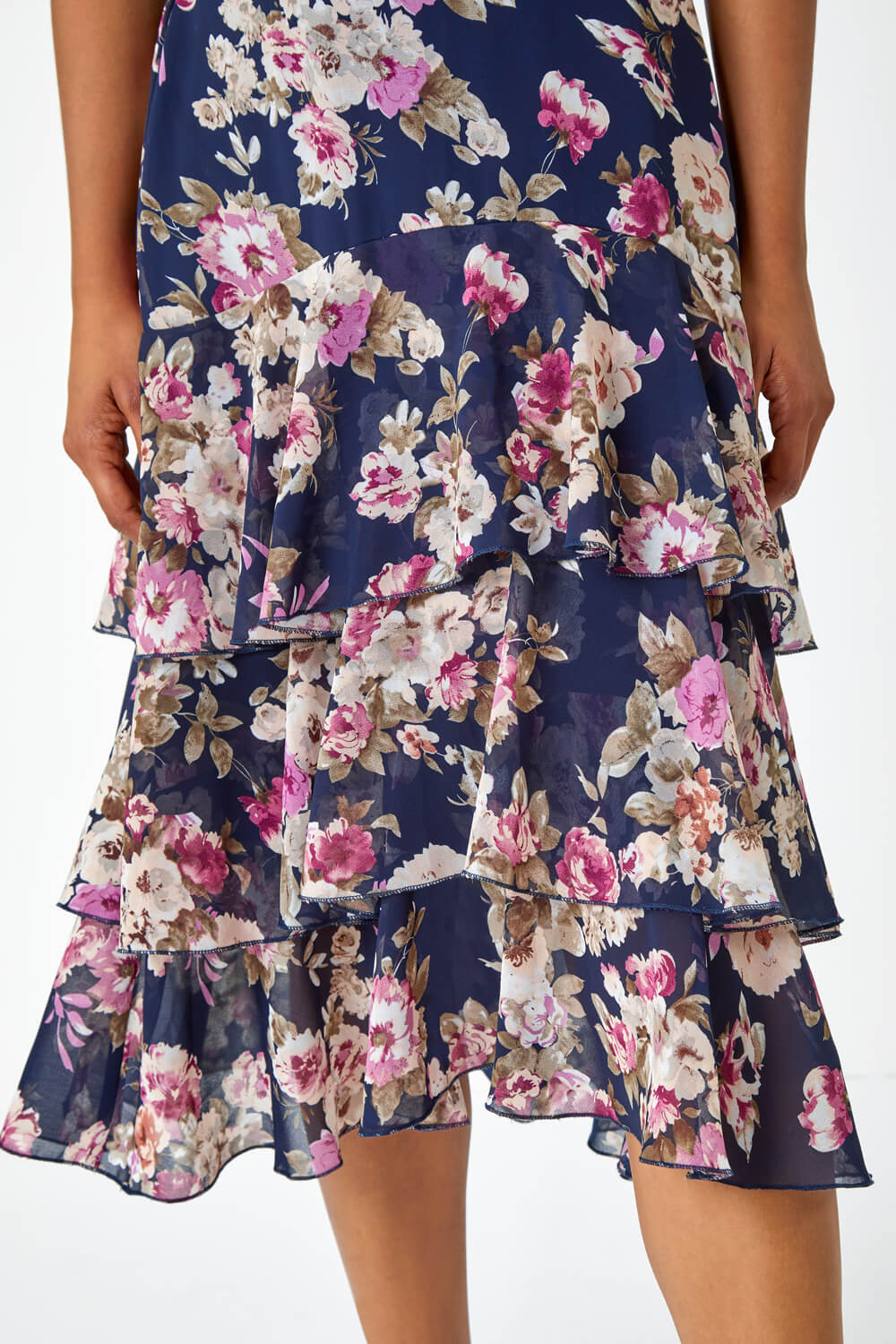 Navy  Floral Print Tiered Stretch Skirt, Image 5 of 5