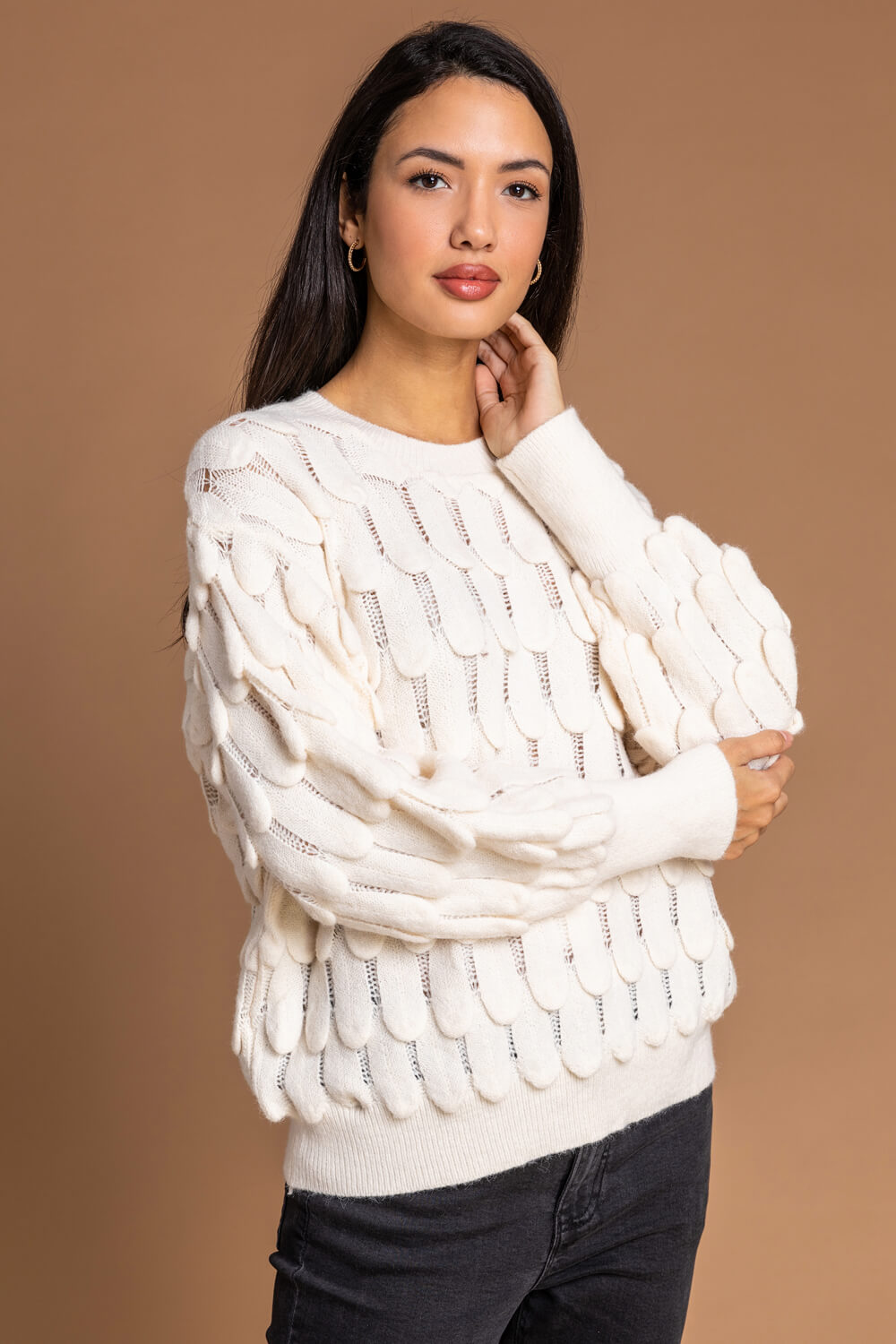 Ivory  Scallop Textured Knit Jumper, Image 4 of 5