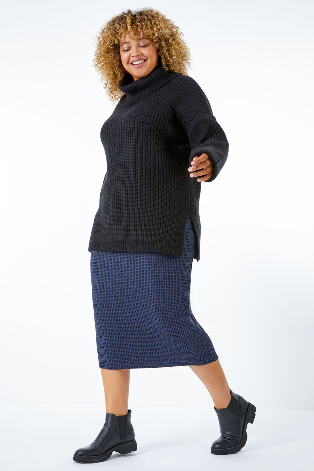 Navy  Curve Check Stretch Pencil Skirt, Image 2 of 5