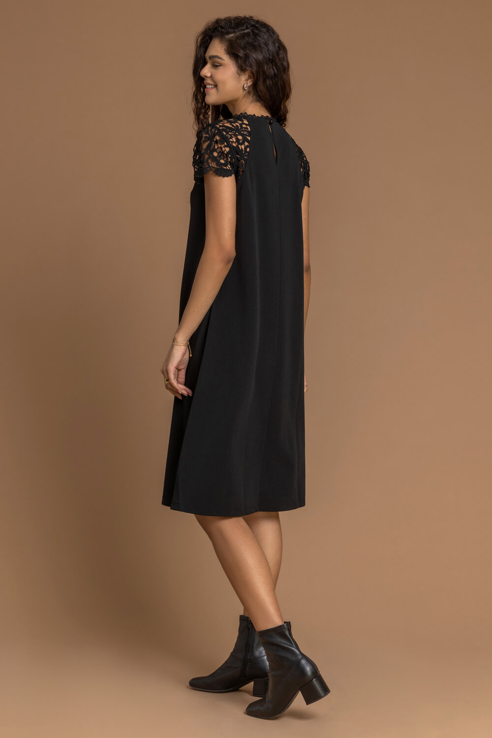 Black Lace Trim High Neck Shift Dress, Image 2 of 4