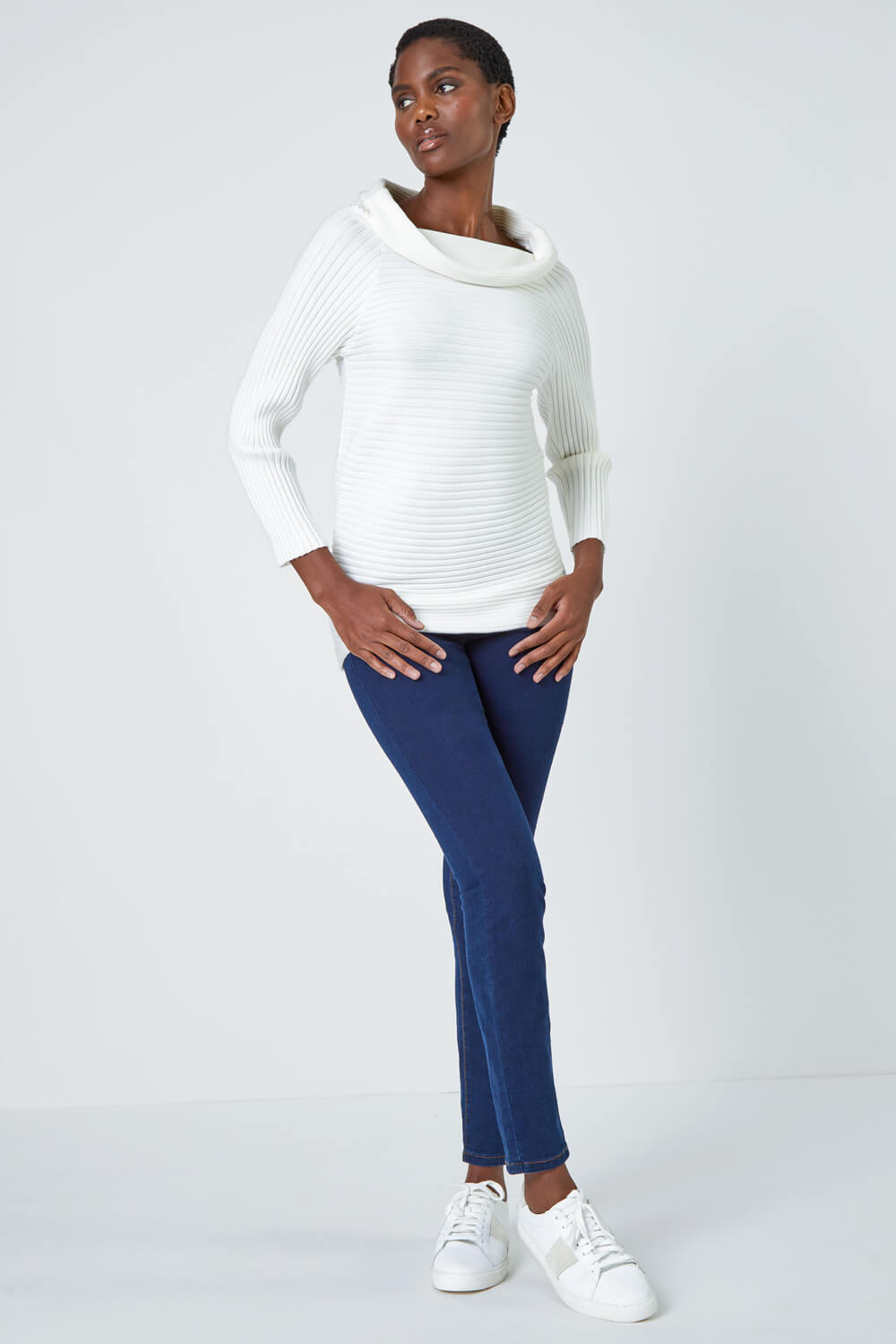 Ivory  Ribbed Cowl Neck Stretch Jumper, Image 2 of 5