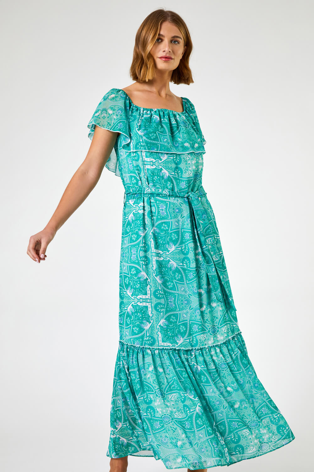 Paisley Print Tiered Maxi Dress in Teal - Roman Originals UK