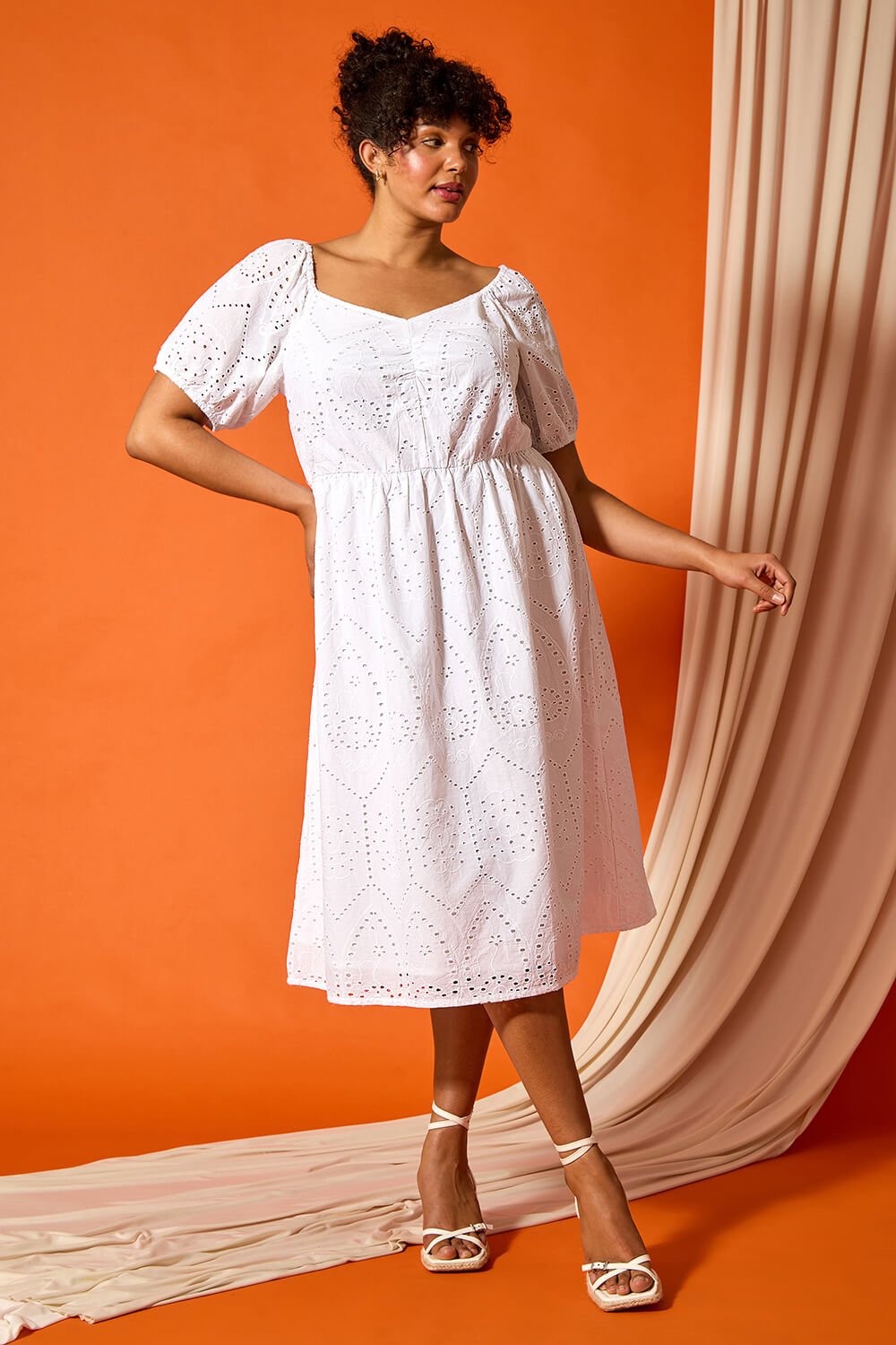 Ivory  Curve Cotton Broderie Midi Dress, Image 6 of 7