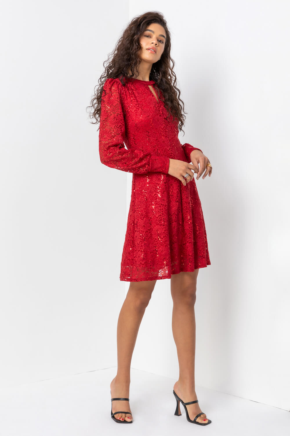 Red Lace Sparkle Swing Dress, Image 5 of 5