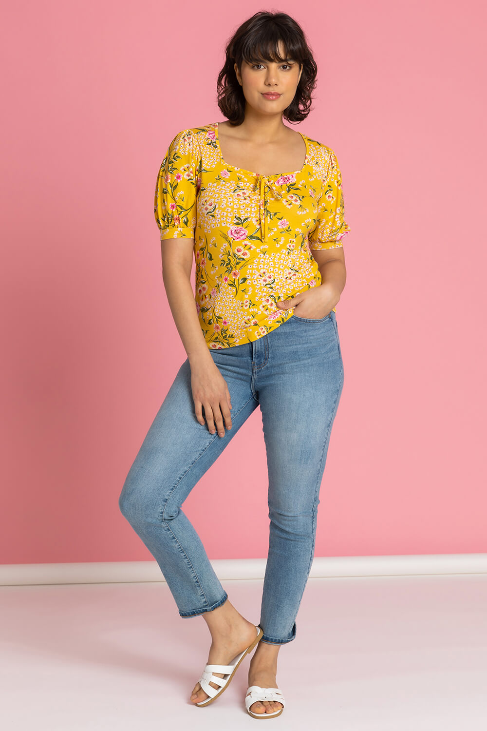 Yellow Floral Print Ruched Detail Top, Image 3 of 5
