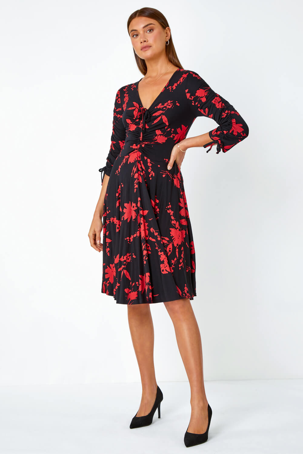 Red Floral Shadow Print Ruched Stretch Dress, Image 2 of 5