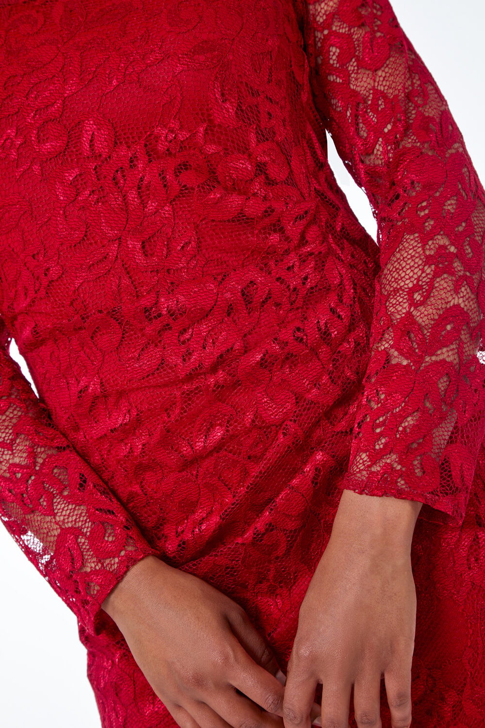 Red  Petite Side Ruched Lace Dress, Image 5 of 5