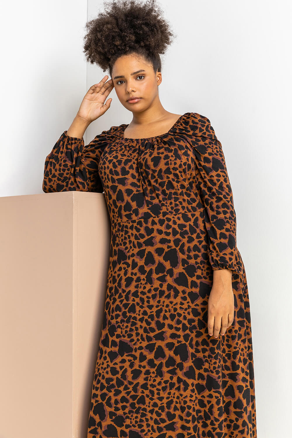 Coffee Curve Leopard Print Midi Dress, Image 4 of 5
