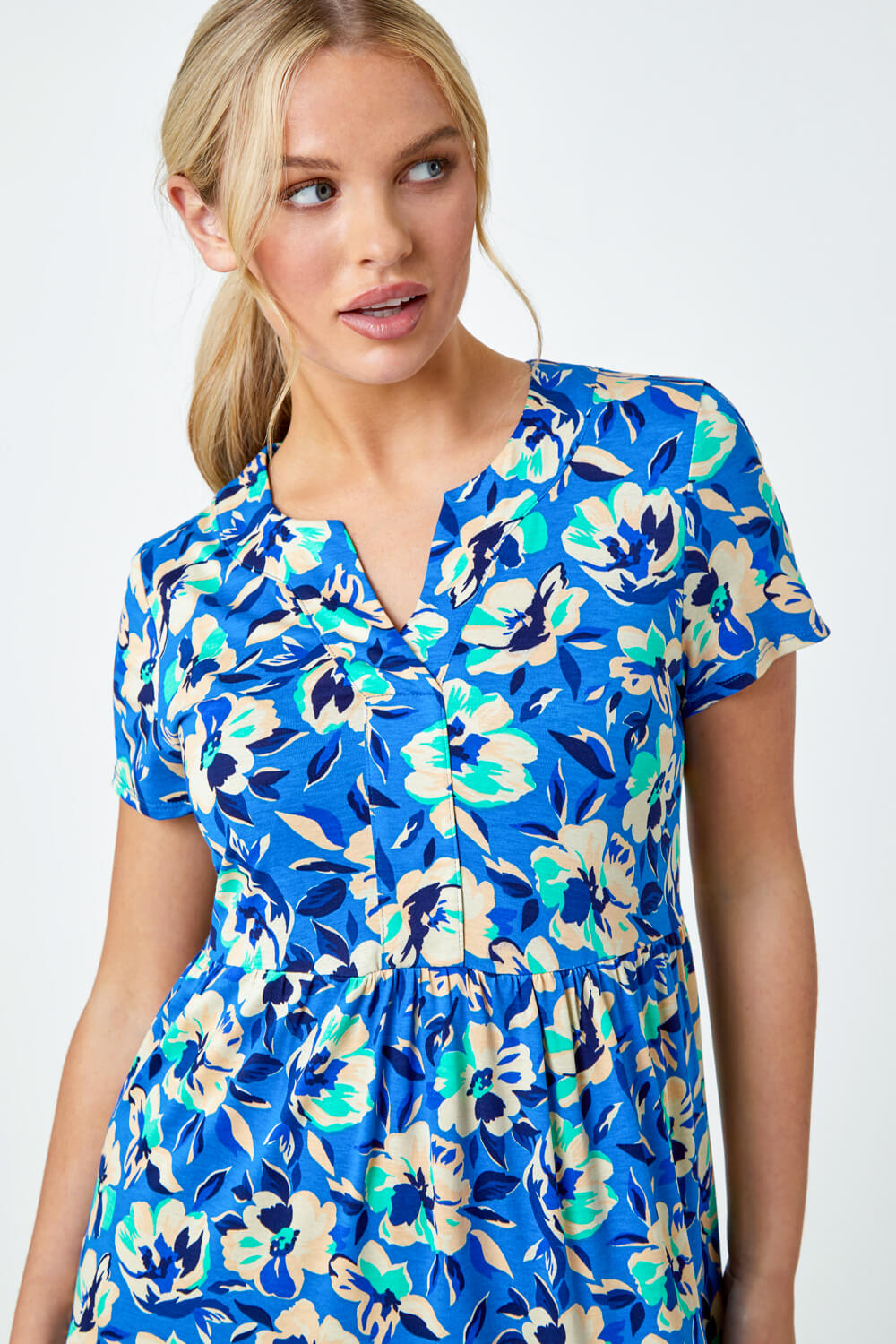 Turquoise Petite Tiered Floral Stretch T-Shirt Dress, Image 4 of 5