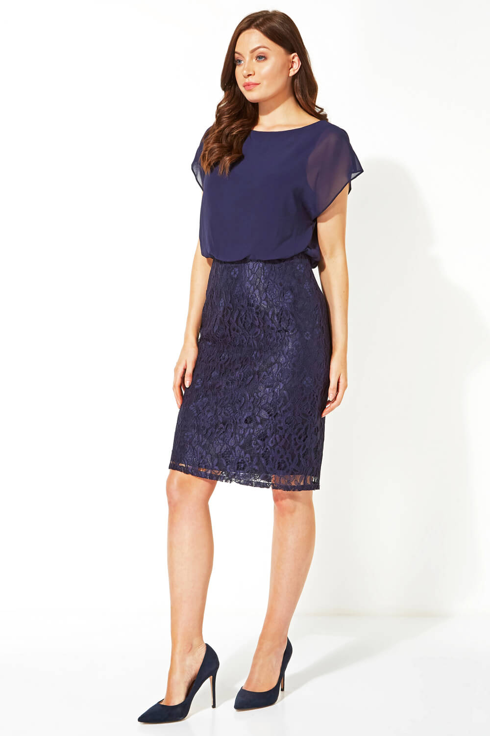 Navy  Chiffon Lace Fitted Dress, Image 2 of 4