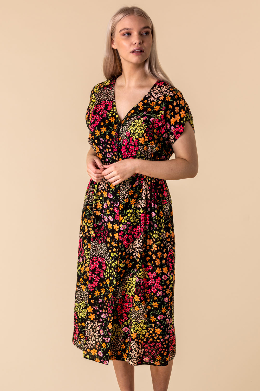 Multi  Floral Print Button Through Dress, Image 2 of 5