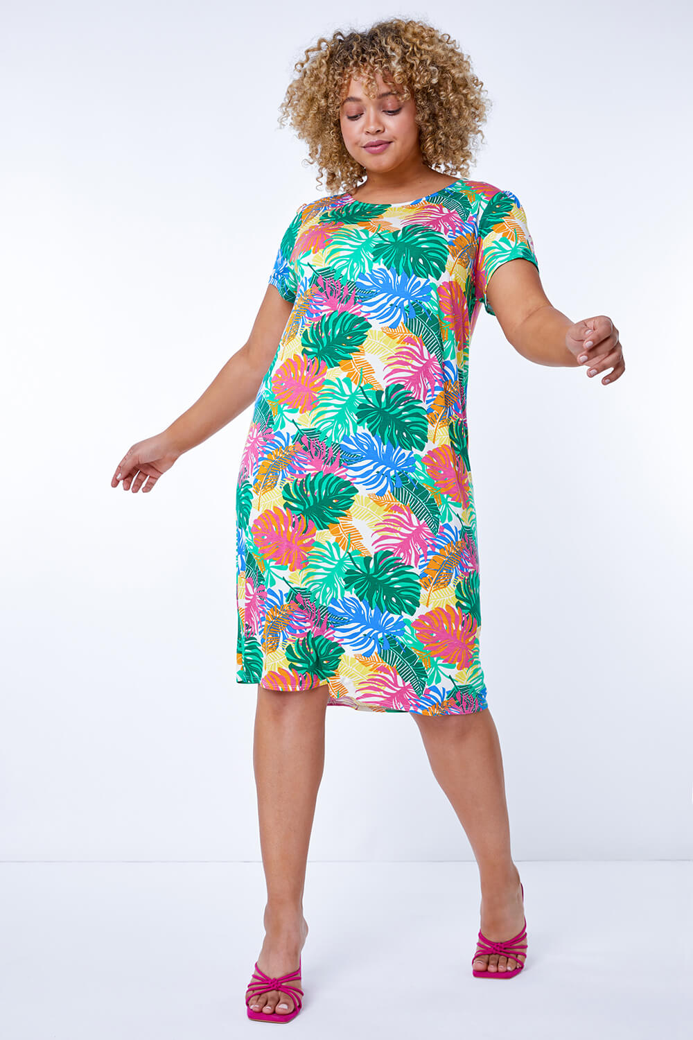 Green Curve Stretch Leaf Print Shift Dress, Image 4 of 5
