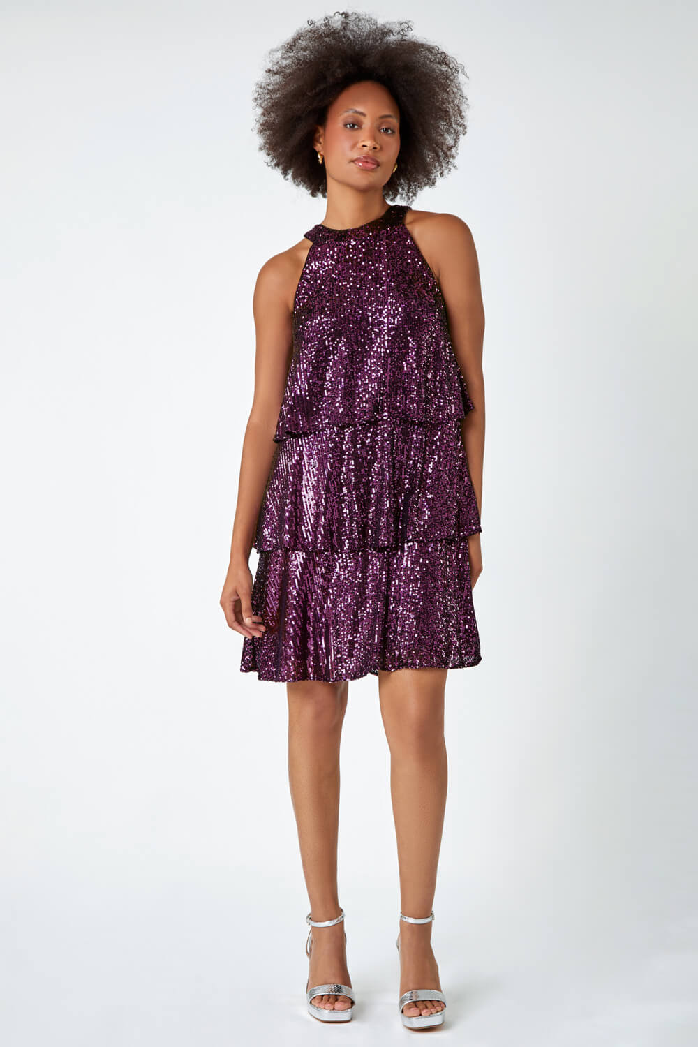Purple Sequin Embellished Tiered Stretch Dress, Image 4 of 5