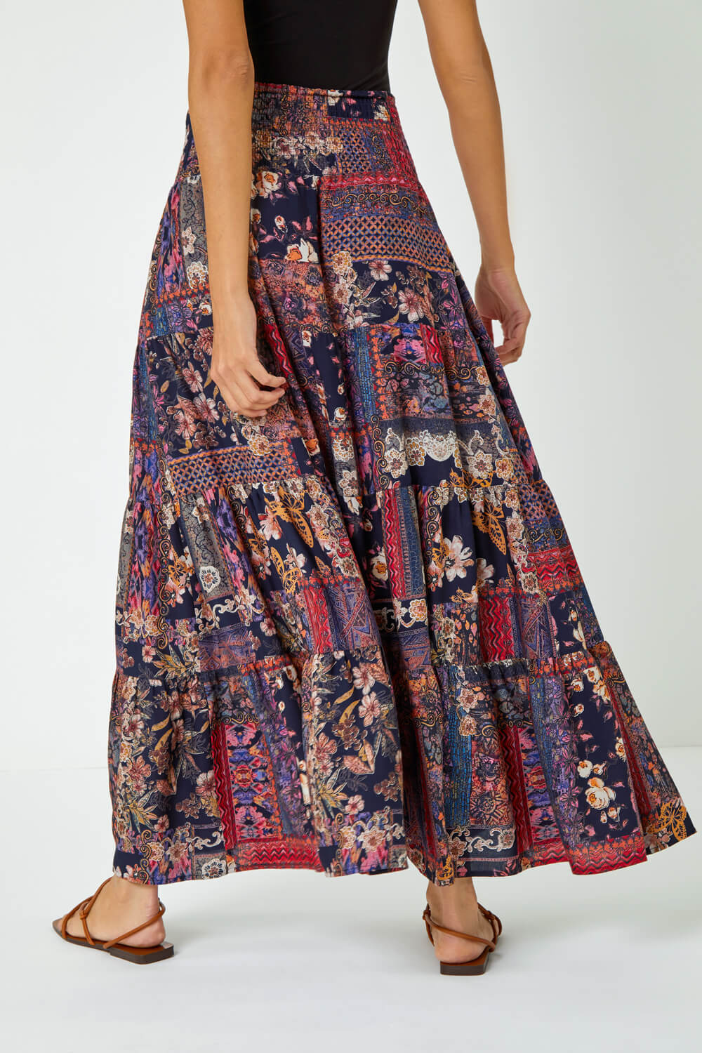 Red Boho Floral Shirred Waist Maxi Skirt, Image 4 of 5
