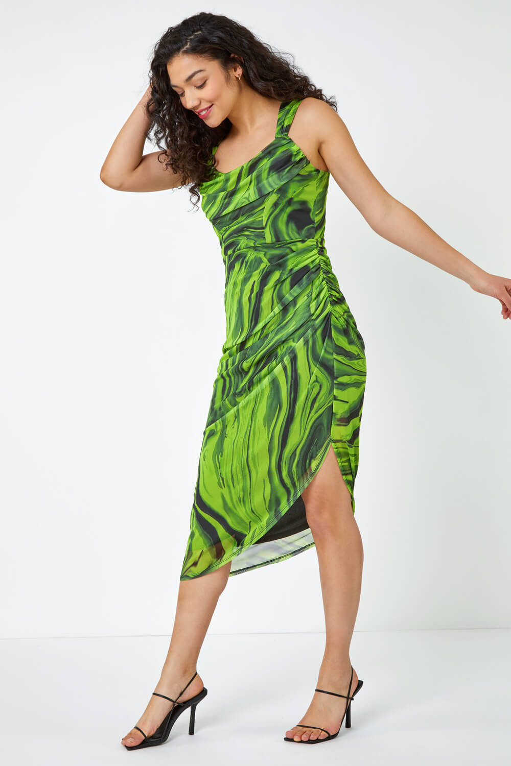 Green Swirl Print Ruched Stretch Midi Dress, Image 2 of 5