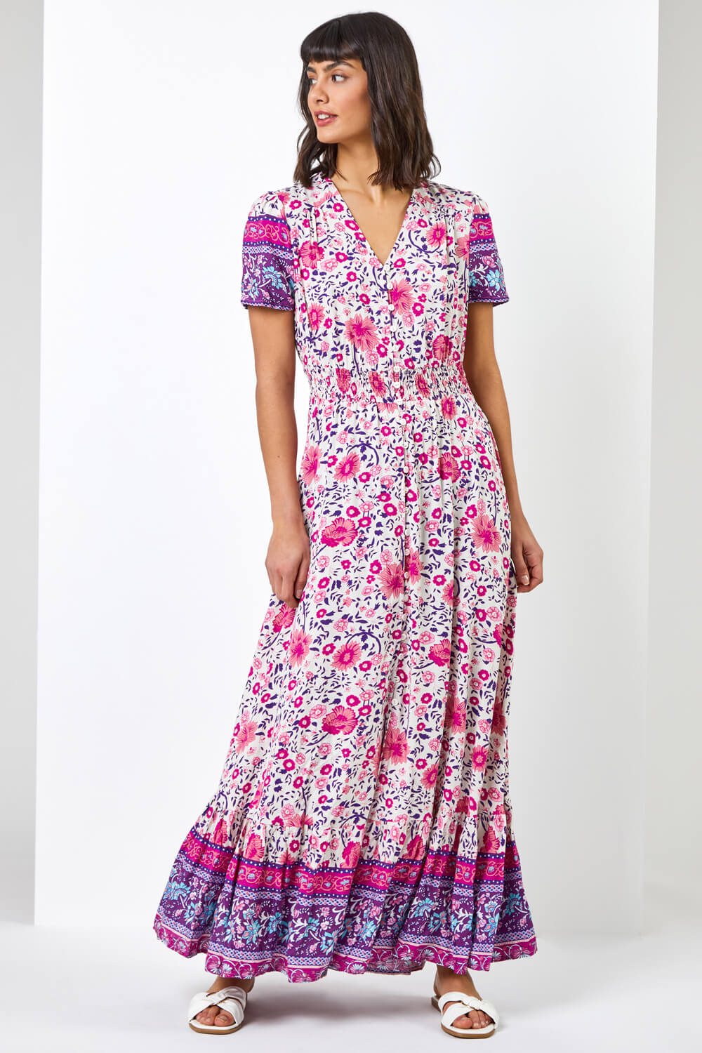 Floral Shirred Waist Maxi Dress In Pink Roman Originals Uk