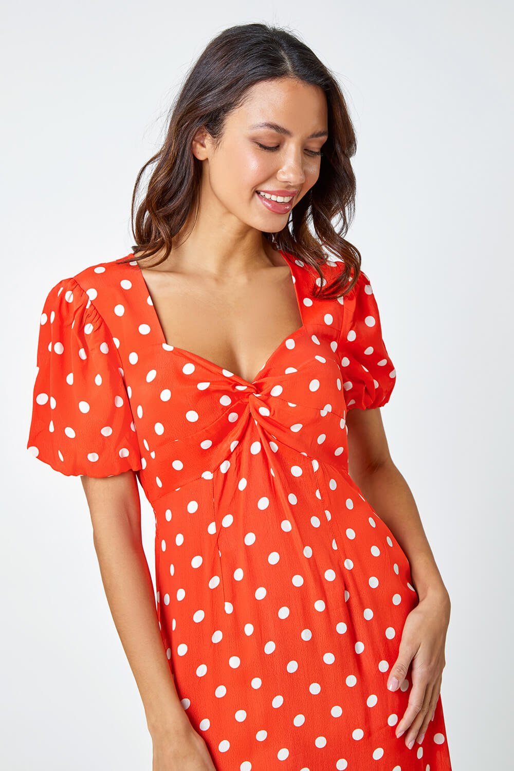 Red Polka Dot Twist Front Midi Dress, Image 5 of 6