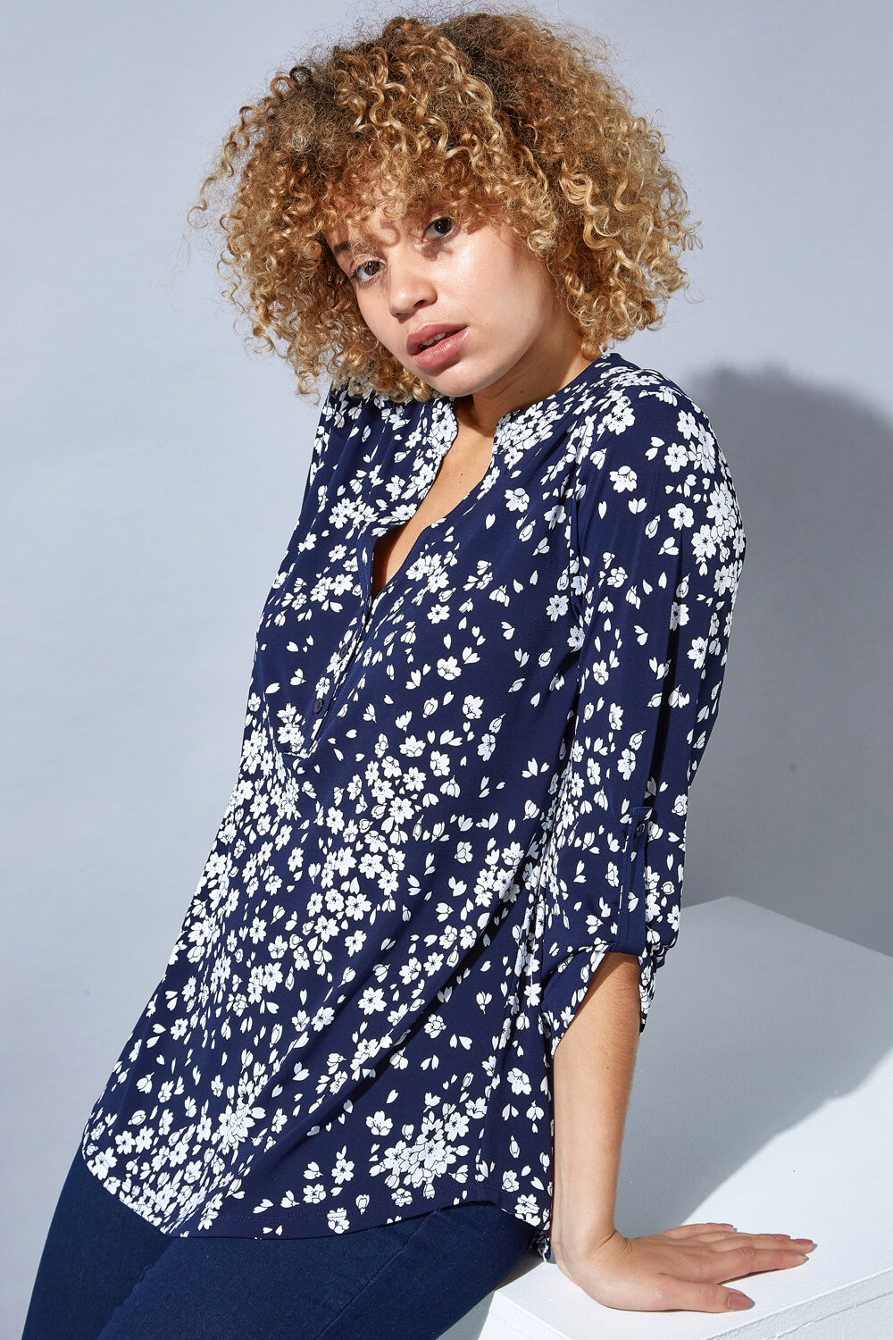 Navy  Floral Print Button Detail Top, Image 4 of 4