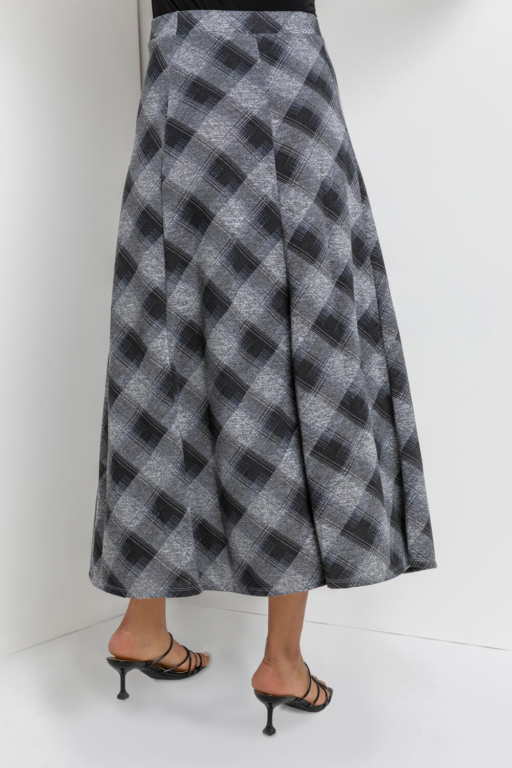 Grey Check Print Flared Midi Skirt, Image 2 of 5