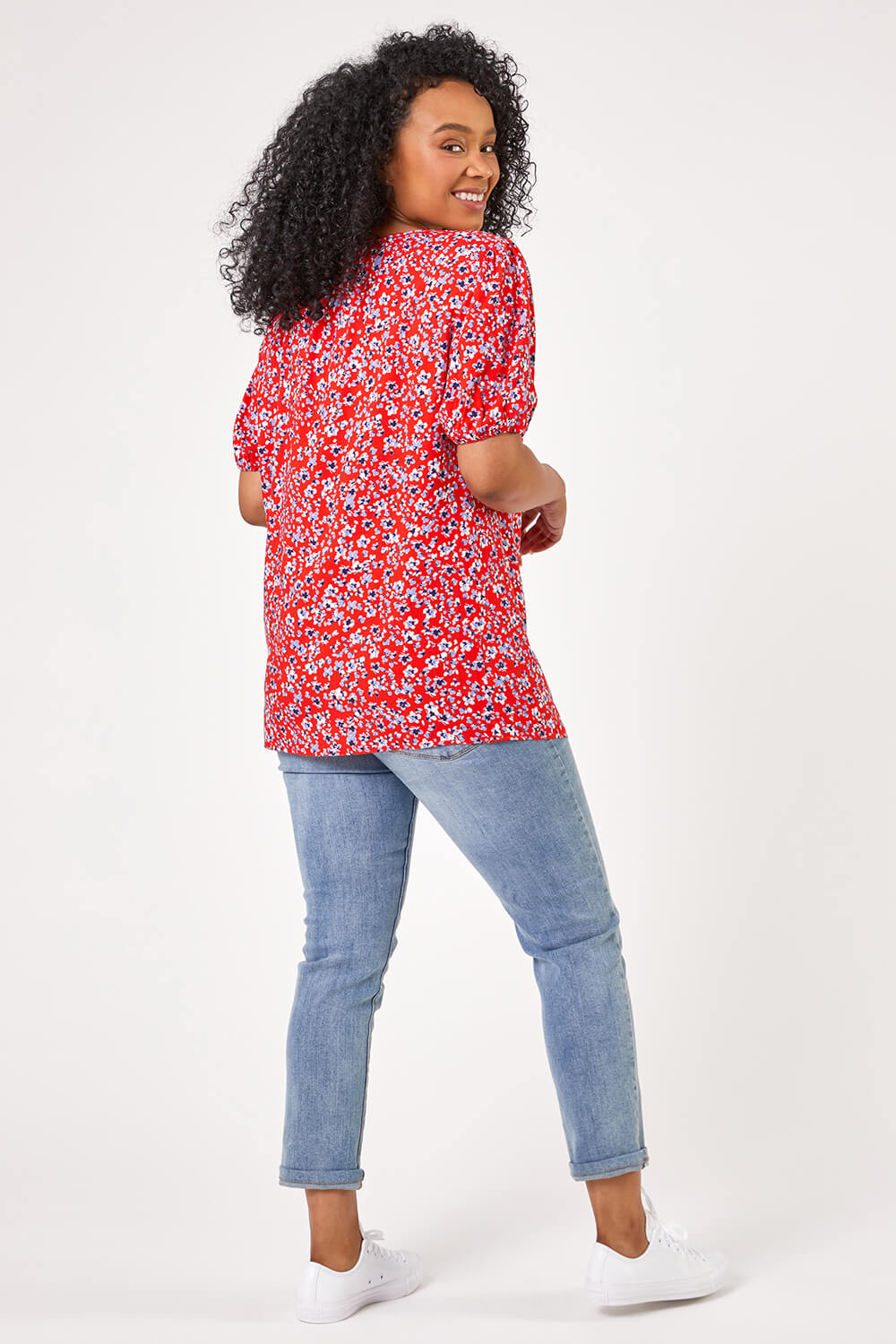 Red Petite Ditsy Floral Print Neck Tie Top , Image 2 of 4