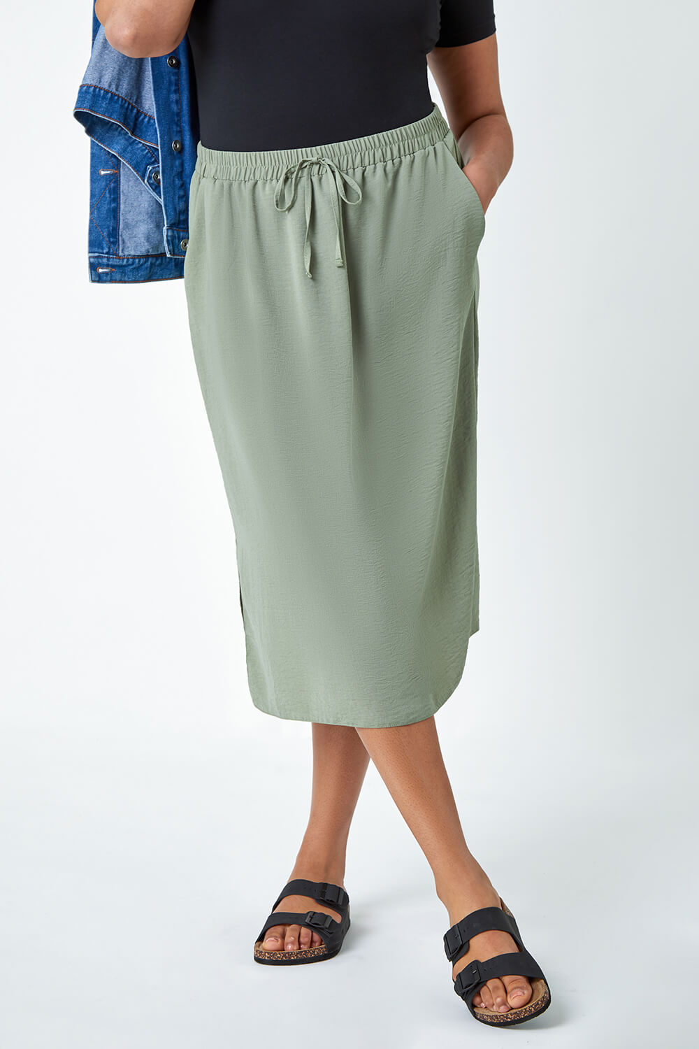KHAKI Curve Linen Look Midi Skirt, Image 4 of 5