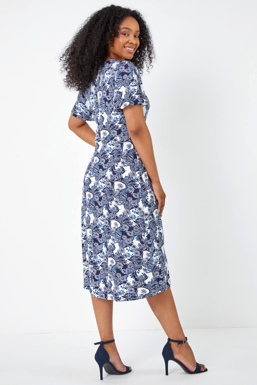 Blue Petite Floral Ruched Stretch Tea Dress, Image 3 of 5