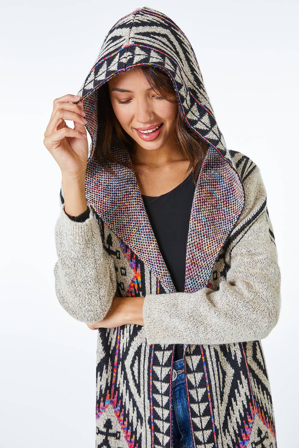 Natural  Aztec Hooded Longline Cardigan, Image 5 of 5