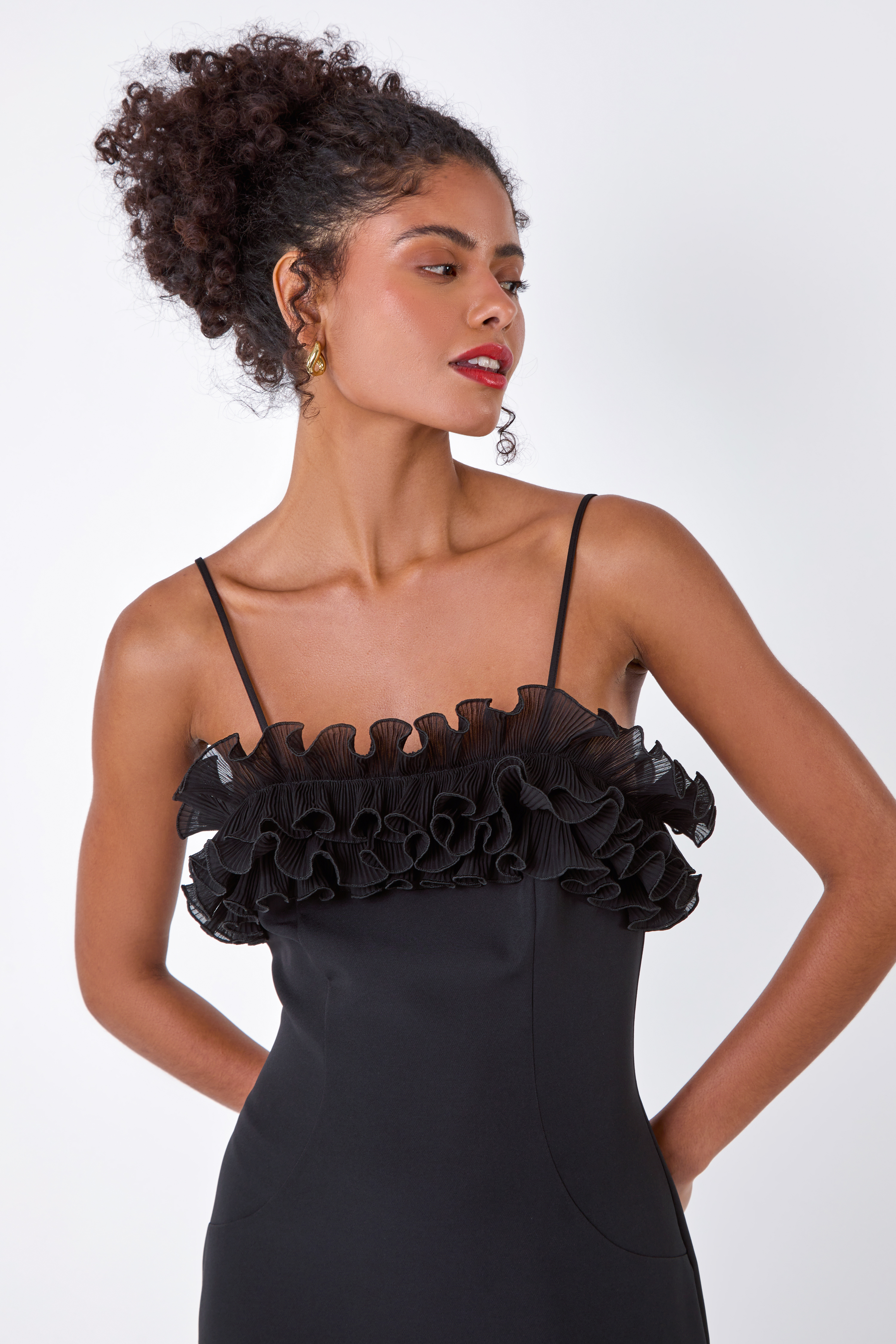 Black Frill Detail Stretch Dress, Image 4 of 5