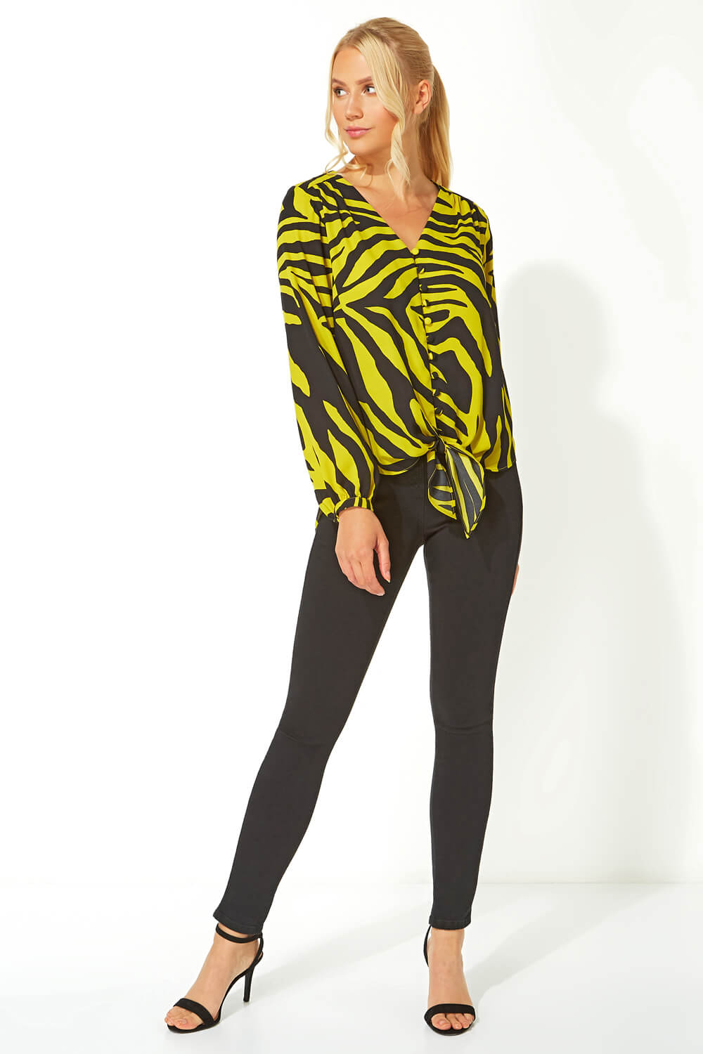 Lime Zebra Print Tie Front Blouse, Image 2 of 5