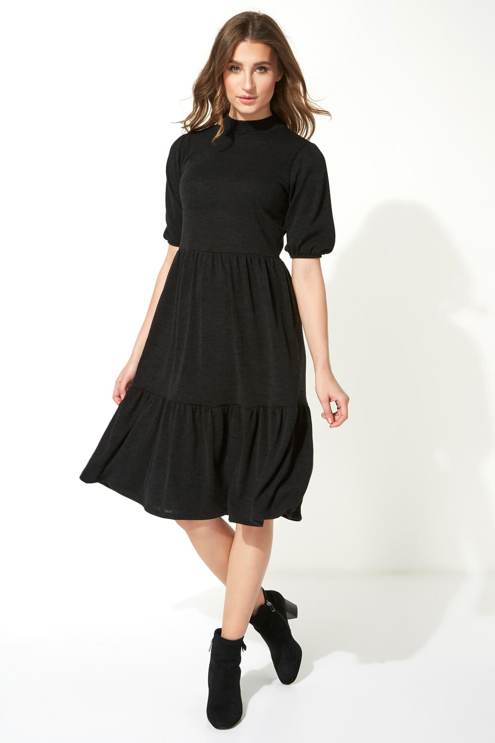 black tiered midi dress with sleeves