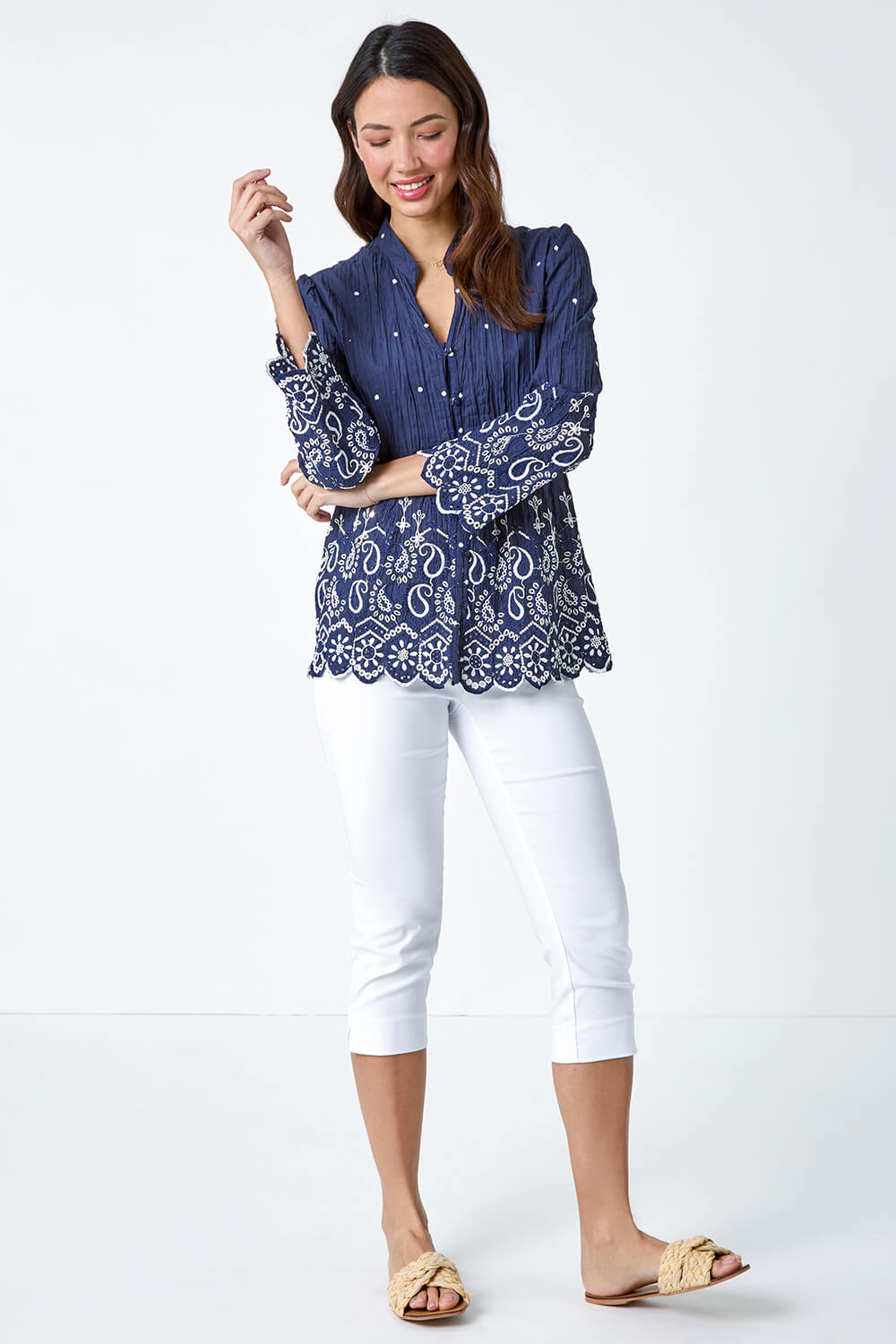 Blue Cotton Paisley Embroidered Blouse, Image 2 of 4