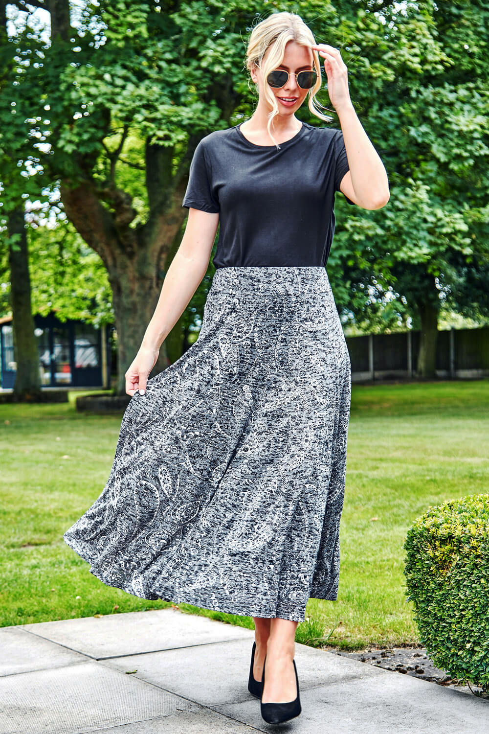 Paisley Print Burnout Midi Skirt in GREY - Roman Originals UK