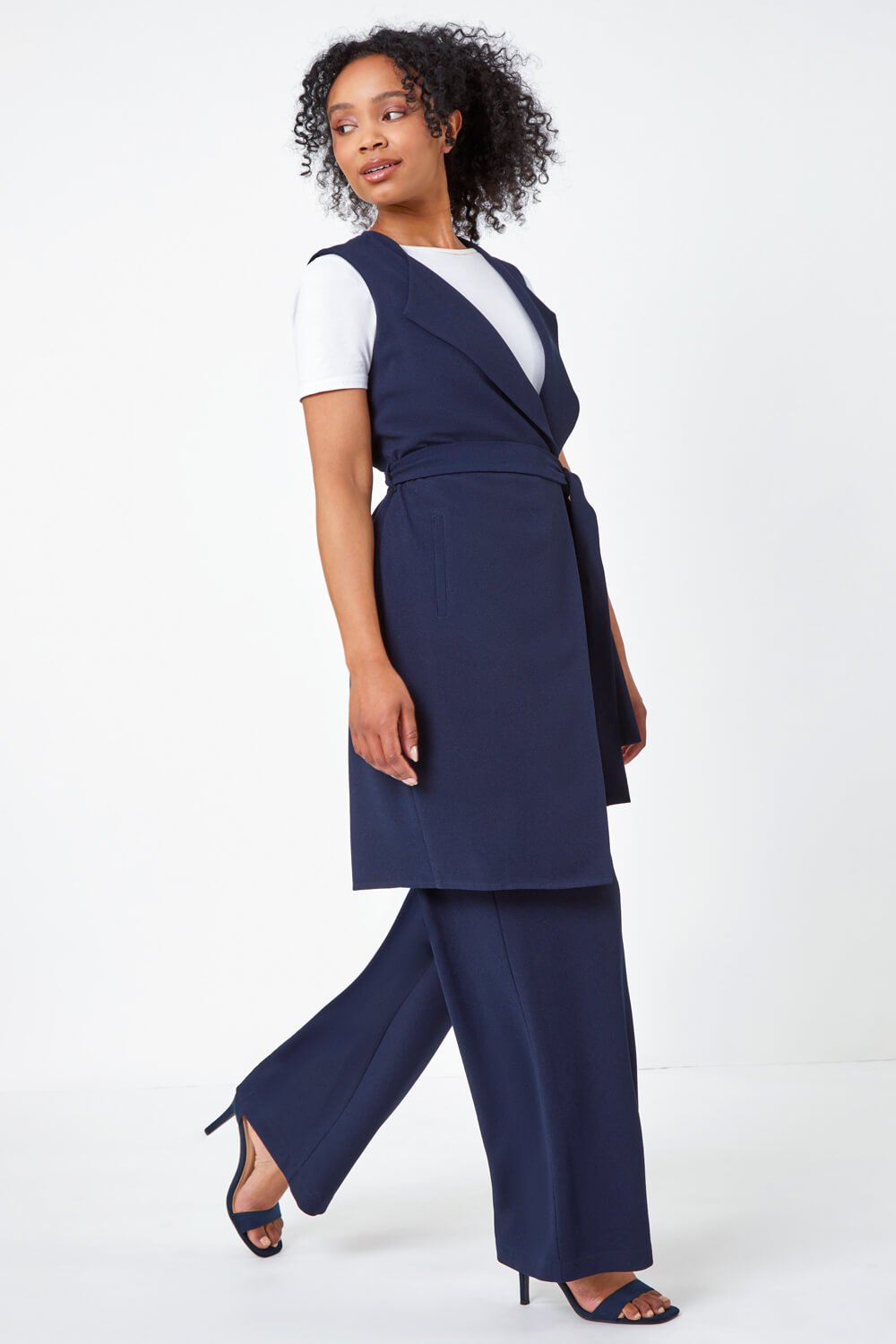 Navy  Petite Wide Leg Stretch Trousers, Image 6 of 6