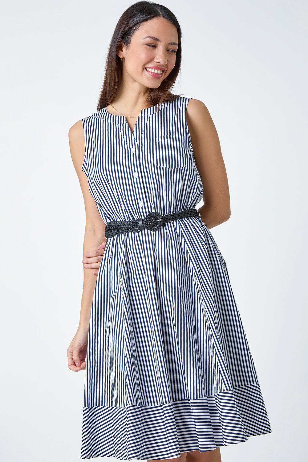 Navy  Stripe Print Belted Cotton Stretch Dress, Image 4 of 5