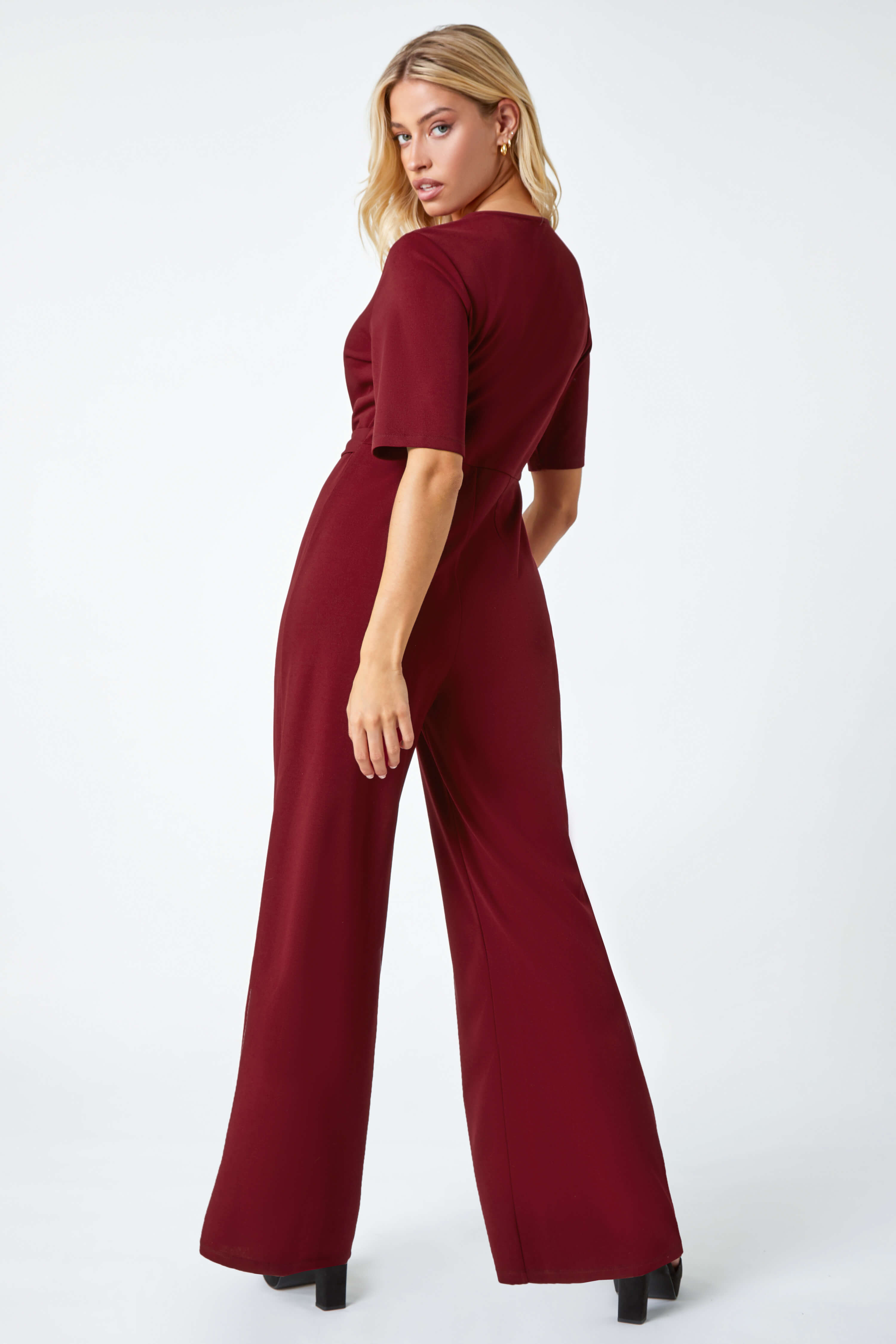 Wine Gathered Wrap Stretch Jumpsuit, Image 2 of 5