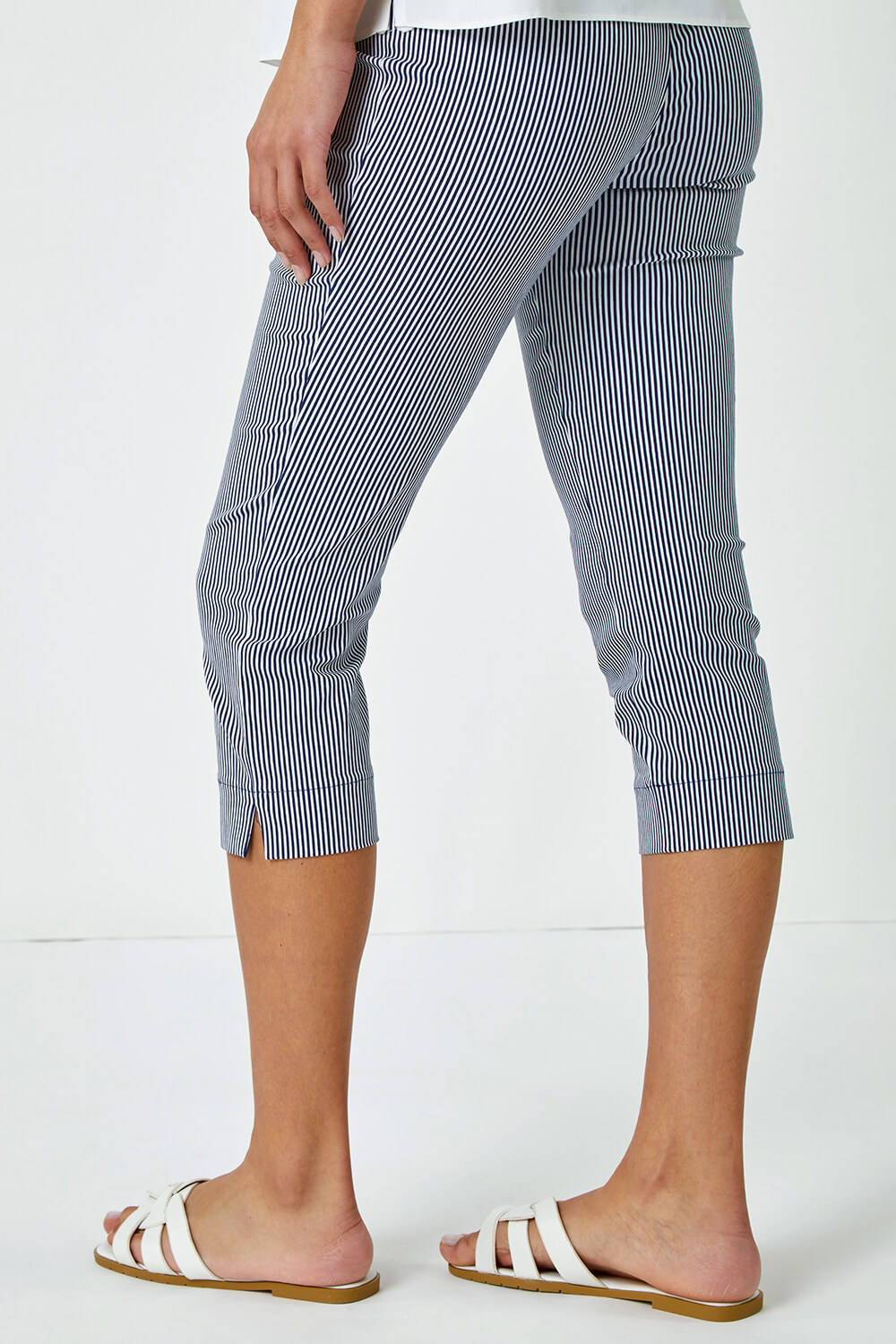 Navy  Striped Cropped Stretch Trouser, Image 4 of 5