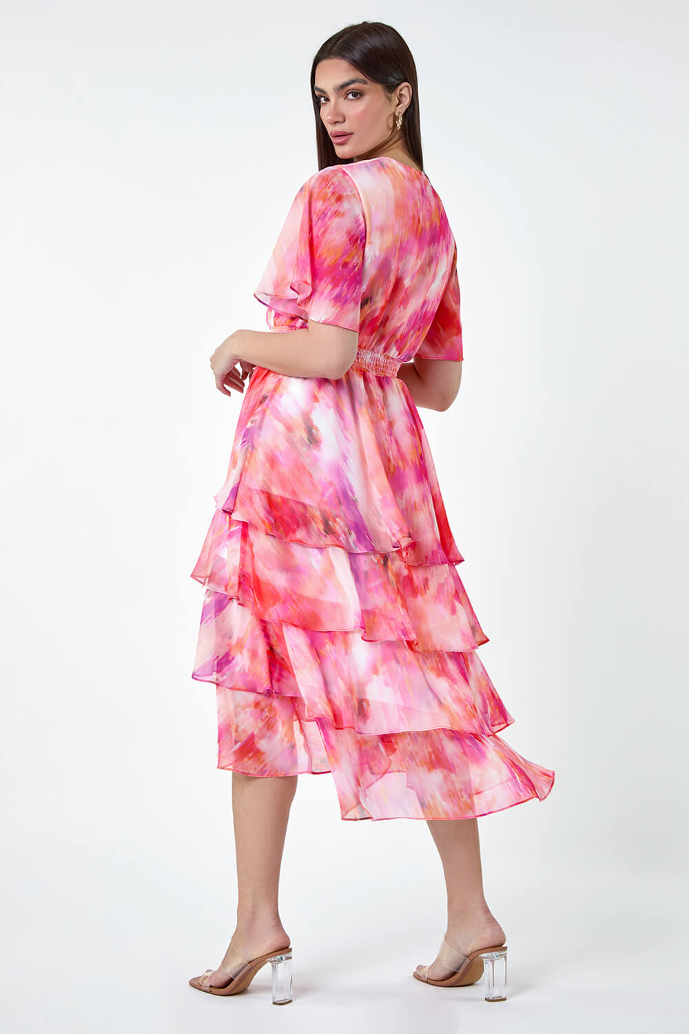 PINK Abstract Print Chiffon Tiered Midi Dress, Image 4 of 6