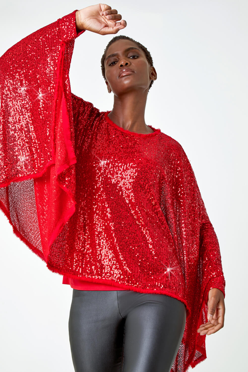 Red Sequin Cape Overlay Stretch Top, Image 5 of 7