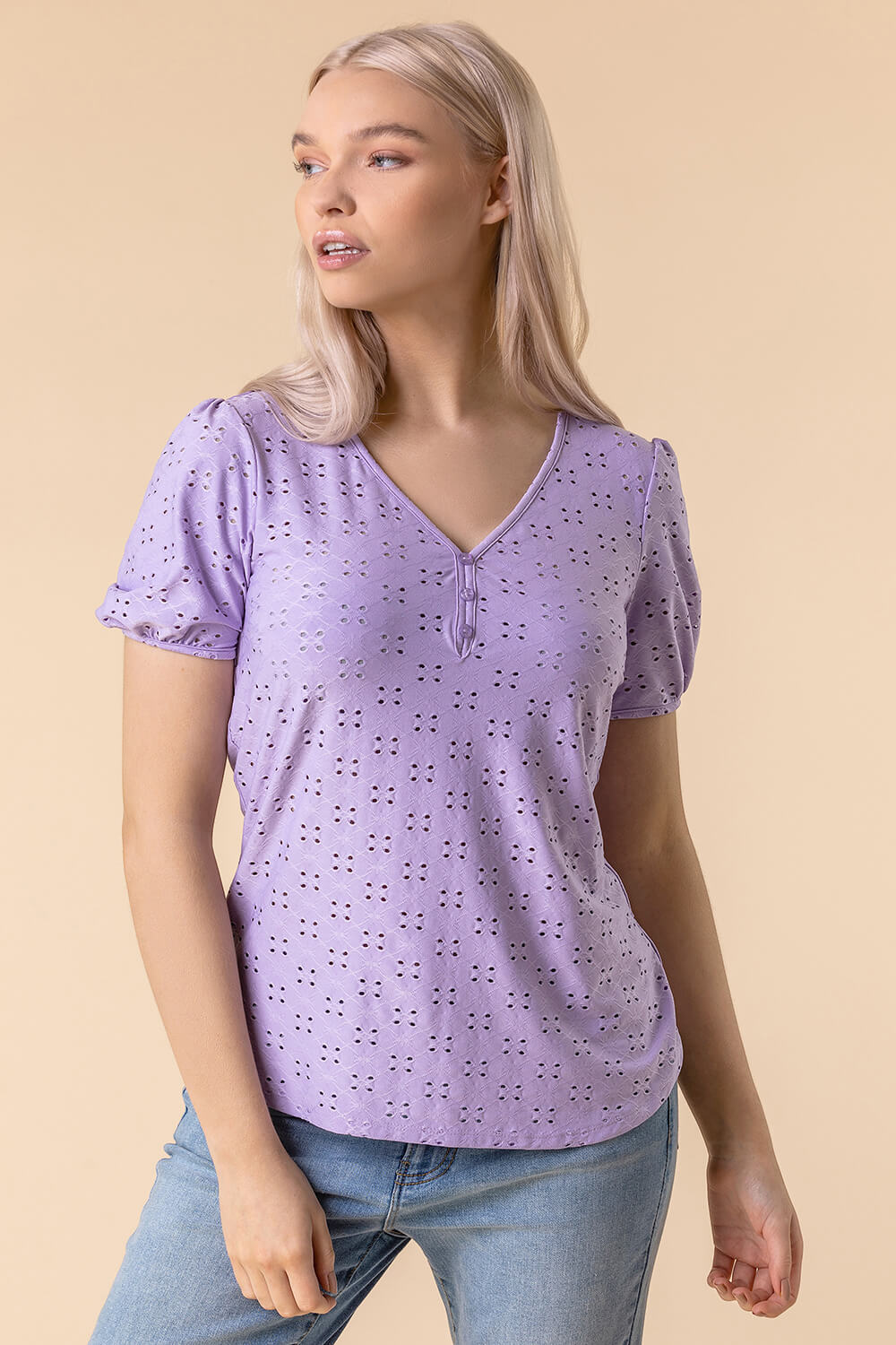 Lilac Button Detail Broderie Top, Image 2 of 4