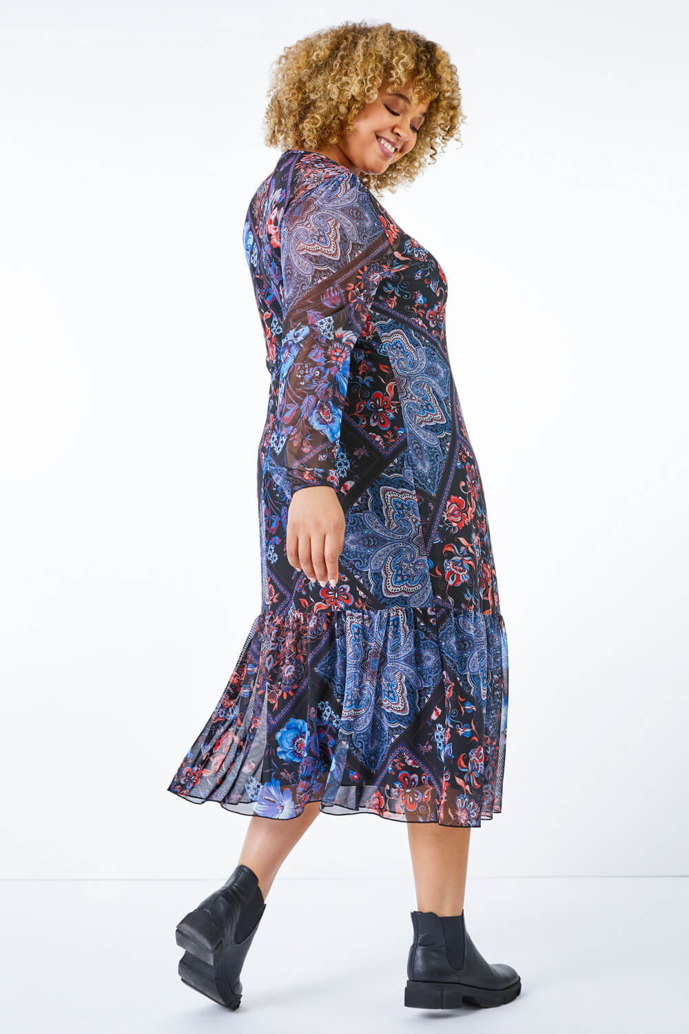 Blue Curve Floral Print Mesh Midi Dress, Image 3 of 5