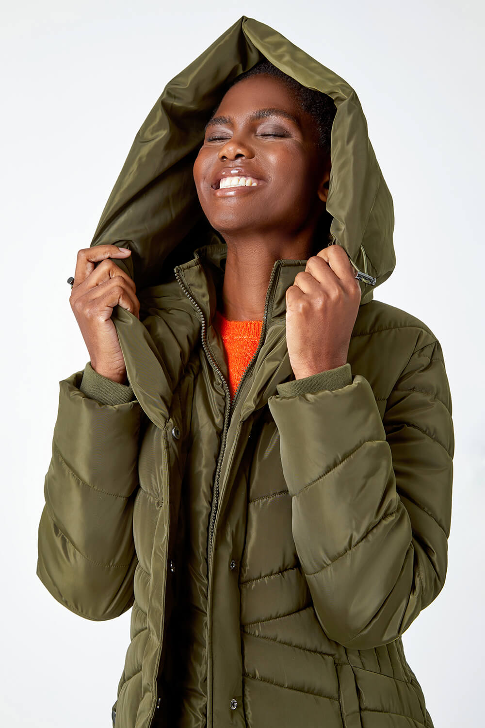KHAKI Hooded Quilted Longline Coat, Image 4 of 5