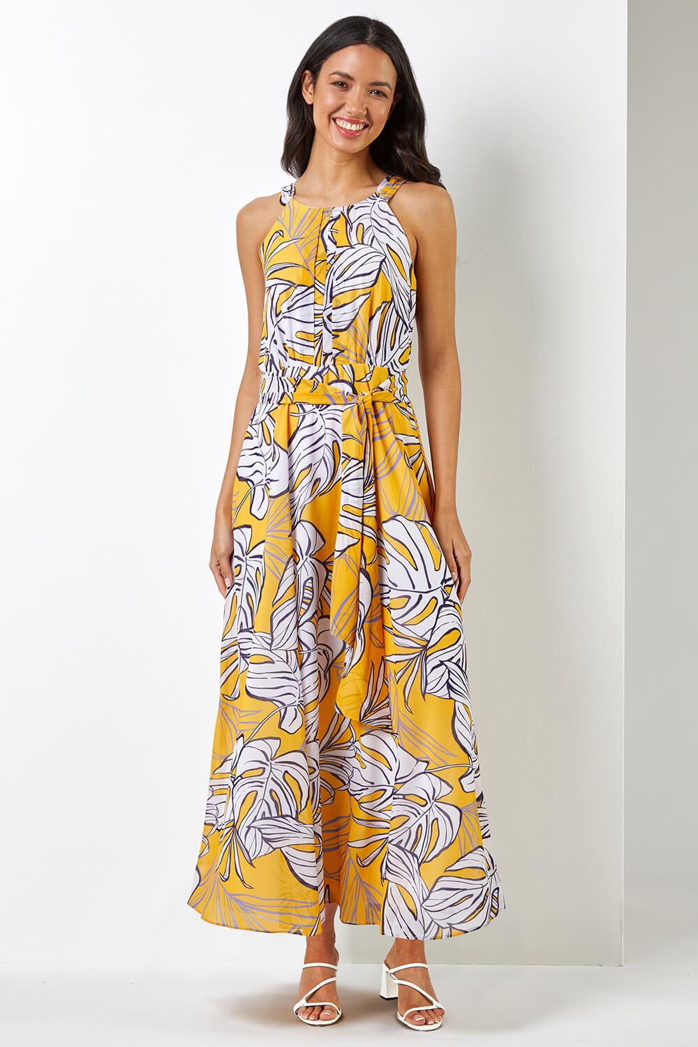 Tropical Leaf Print Maxi Dress in Yellow - Roman Originals UK