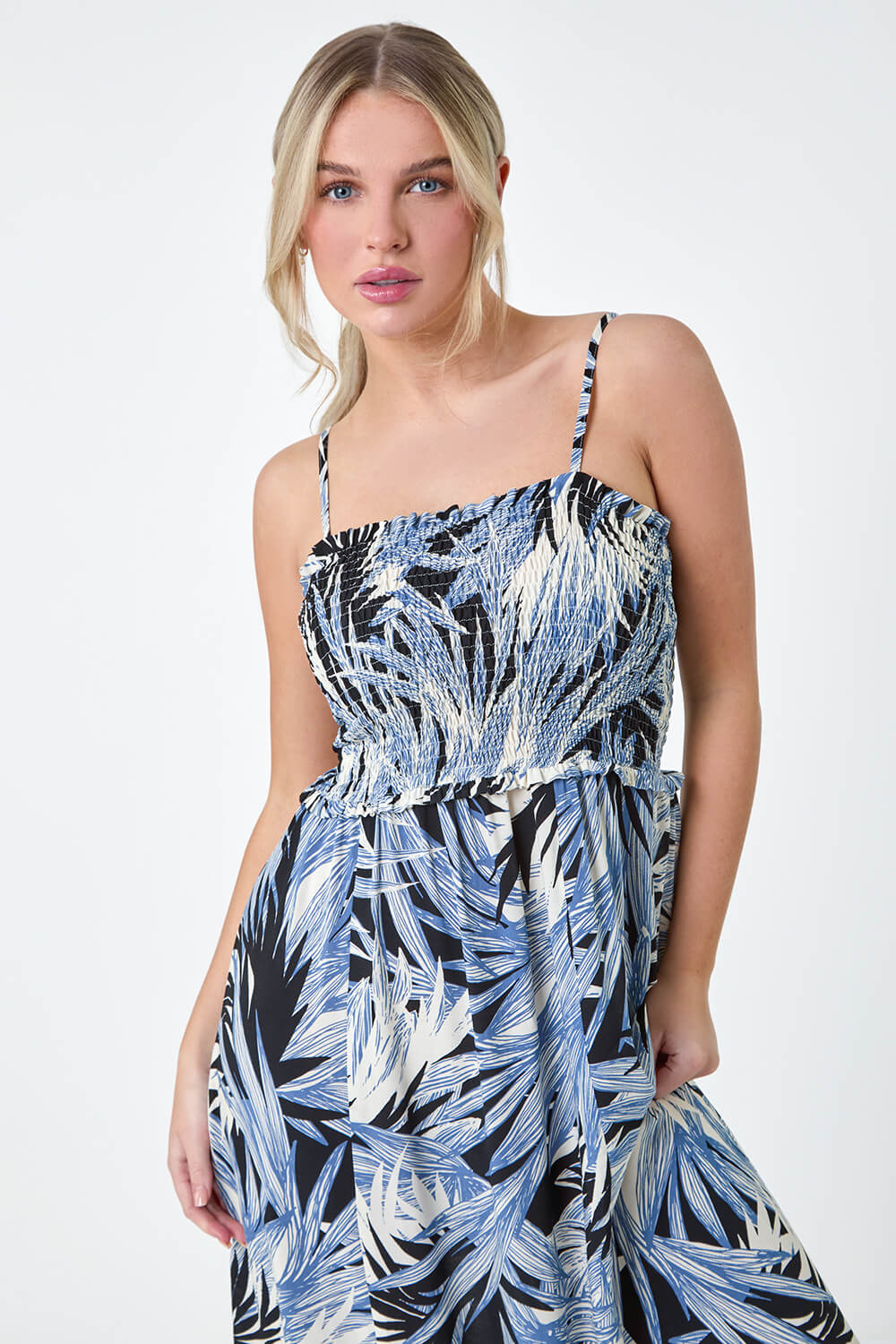 Navy  Petite Tropical Print Shirred Maxi Dress, Image 4 of 5