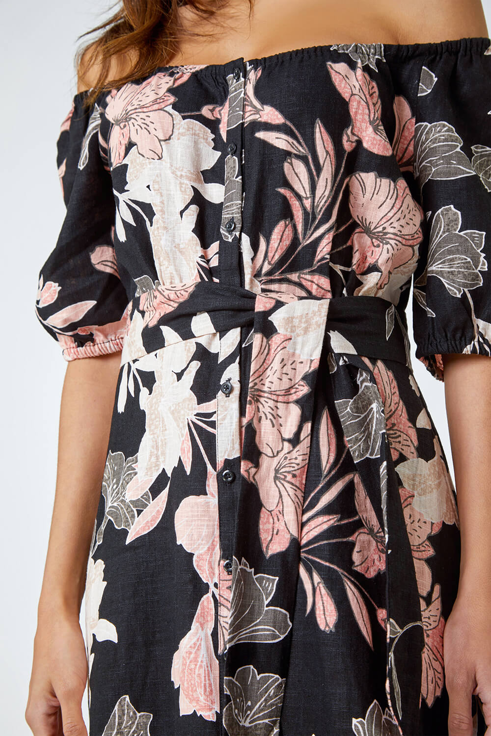 Black Floral Linen Blend Bardot Midi Dress, Image 5 of 6