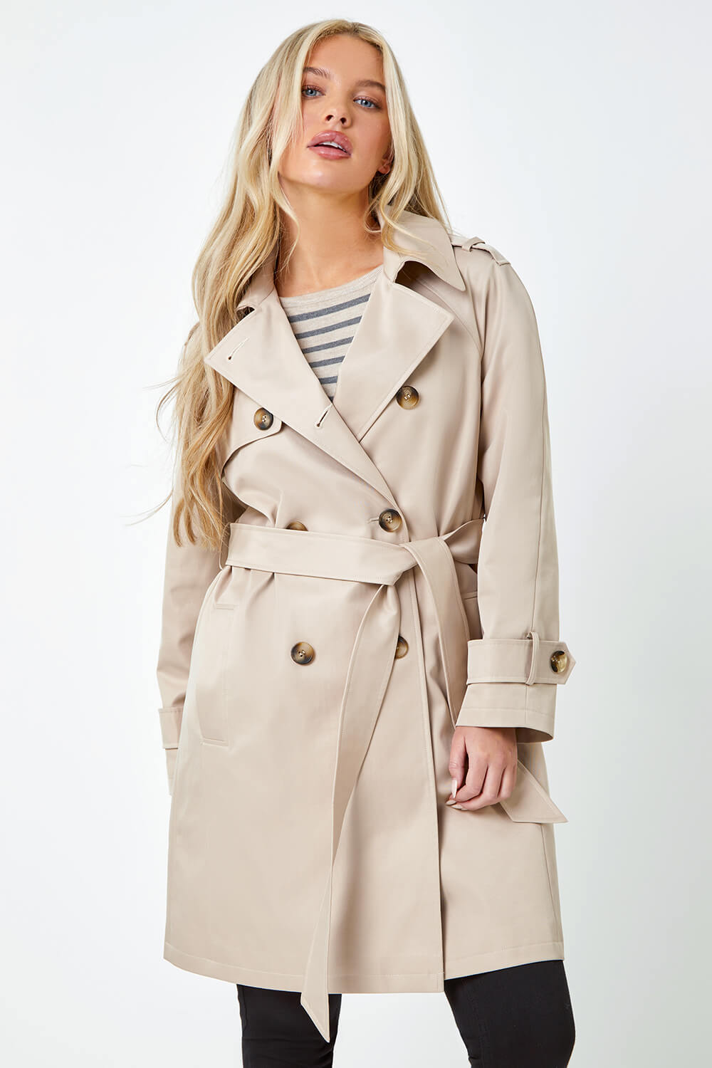 Stone Petite Double Breasted Trench Coat, Image 4 of 6