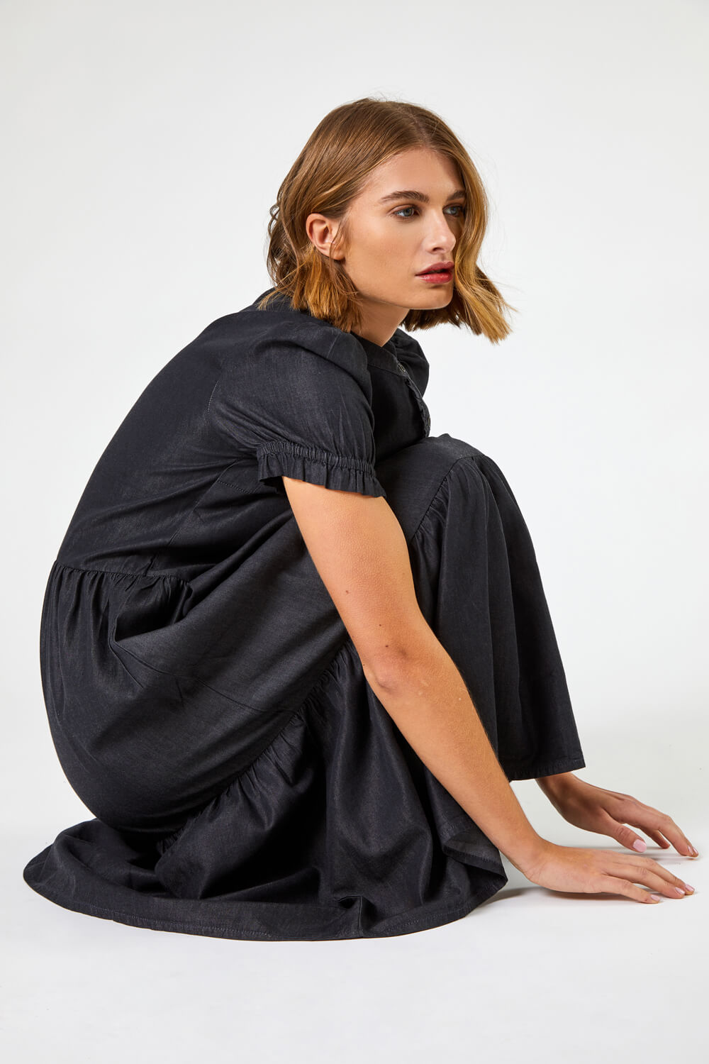 Black Denim Puff Sleeve Tiered Midi Dress, Image 5 of 5